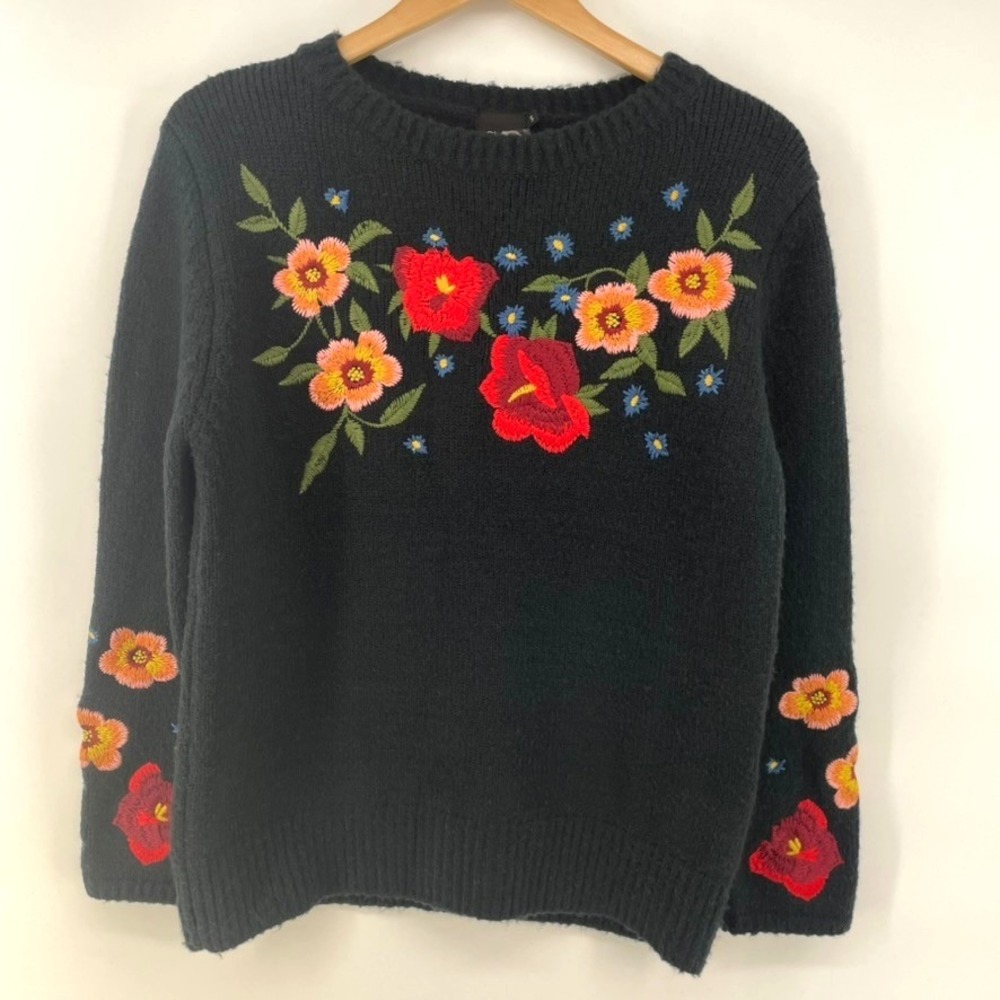 Boho Embroidered Wool Blend Sweater Women Size S Black Floral Pullover Colorful